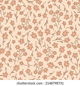 Ditsy Flower hand drawn retro colours pink vector seamless pattern. Liberty inspired Petite floral ditsy print. Retro 60s 70s Bloomy calico background for fashion fabric or home textile.