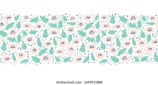 Ditsy Flower meadow seamless vector border. Pink teal green florals on white background. Repeating ditsy flowers in Scandinavian style.