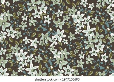 Ditsy flower pattern painted in mint, blue, navy, white, green on black background. Dense dark floral seamless vector pattern. Great for home decor, fabric, wallpaper, gift-wrap, stationery, etc. 