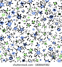 Ditsy flower seamless pattern. Simple floral pattern. Tiny flower silhouettes. Different meadow plants. Summer botanical background. For fabric and texture,