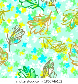 Ditsy flower seamless pattern. Simple floral texture in cartoon style. Flower buds silhouettes all over the print mixed with leaves silhouettes. Small meadow plants. Flat summer botanical background.