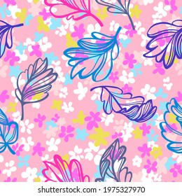 Ditsy flower seamless pattern. Simple floral texture in cartoon style. Flower buds silhouettes all over the print mixed with leaves silhouettes. Small meadow plants. Flat summer botanical background.