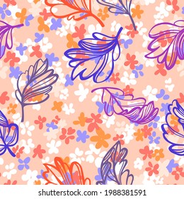 Ditsy-Blume nahtloses Muster. Einfache Blumenstruktur im Cartoon-Stil. Blumenknospen-Silhouetten auf dem gesamten Druck gemischt mit Blättern Silhouetten. Kleine Wiesen. Flacher botanischer Hintergrund im Sommer.