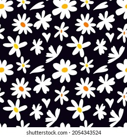 Ditsy flower seamless pattern. Simple floral texture in cartoon style. Flower buds silhouettes all over the print. Small meadow plants. Flat summer botanical background. For fabric and texture.
