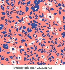 Ditsy flower seamless pattern. Simple floral texture. Flower silhouettes. Small meadow plants. Summer botanical background. For fabric and textile. HIgh quality fashion style print.