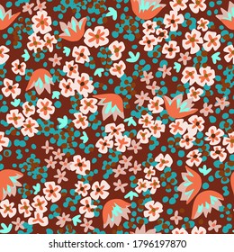 Ditsy flower seamless pattern. Small meadow plants. Summer botanical background. Floral texture. Cut out paper flat design. For fabric and texture,