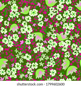 Ditsy flower seamless pattern. Small meadow plants. Summer botanical background. Floral texture. Cut out paper flat design. For fabric and texture,