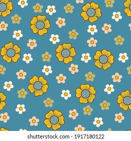 Ditsy Flowers in Blue and yellow Vector Seamless Background Pattern