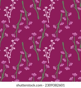 Ditsy flowers on purple background, seamless pattern