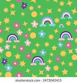 Ditsy flowers, rainbows, stars seamless pattern. Gold stars and flowers