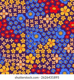 Ditsy Flowers Seamless Pattern with Cute Nature Wild Field Florals. Doodle quirky summer and spring plants. Feminine repeatable backdrop perfect for fashion, clothing, cards, invitations, wrapping