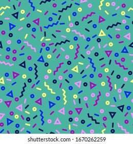Ditsy geometric pattern in Memphis style. Small vector texture with dots, circles, triangles, short strokes, in green color. 90s fashion seamless background.