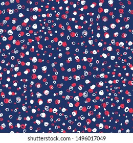 Ditsy Hand-Drawn Red and White Doodle Random Polka Dots on Blue Vector Seamless Pattern. Colorful Abstract Geometric Background. Bubbles, Circles, Dots, Scribbles.