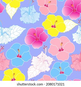 ditsy hibiscus flowers in pink, yellow, blue, lilac, violet colors with purple background in summer spring island for dress, fabric, kimono, textile, fashion print, etc.