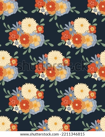 Ditsy hippie texture with bouquet groovy flowers with stems in row on dark blue background. Vector seamless retro pattern with bunch of flowers. Floral backdrop for fabrics and wallpapers.