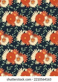 Ditsy hippie texture with different flowers in row on dark blue background.  Vector seamless retro pattern with bouquet groovy flowers with stems. Floral background for fabrics and wallpapers.