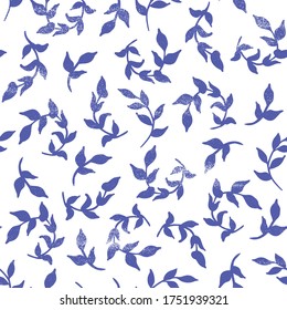 Ditsy Leaf Pattern with Texture. Vector Seamless Print in Blue and White.