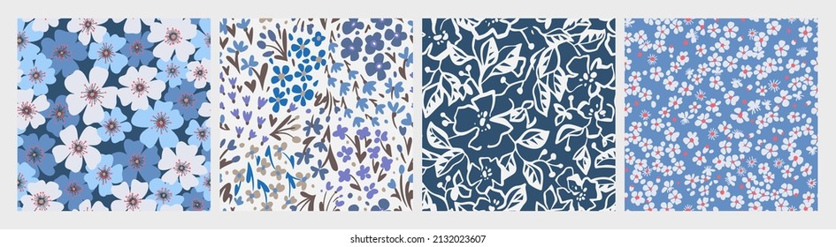 Ditsy liberty style seamless patterns. Set of summer daisy flowers in white and blue. Simple flat modern drawing. Floral texture collection for textile and fashion design. Spring botanical print.
