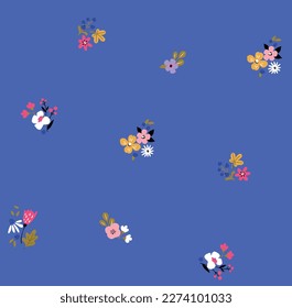 Patrones sin fisuras estilo Ditsy Freedom. Flores de margarita de verano en blanco y azul. Sencillo y moderno diseño. Colección de texturas florales para el diseño textil y de moda. Impresión botánica de primavera. 