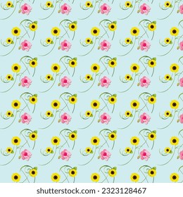 Ditsy liberty style seamless patterns. Set of summer daisy flowers in white and blue. Simple flat modern drawing. Floral texture collection for textile and fashion design. Spring botanical print.