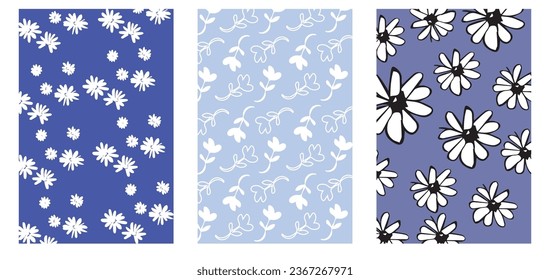 Ditsy liberty style seamless patterns. Set of summer daisy flowers in white and blue. Simple flat modern drawing. Floral texture collection for textile and fashion design. Spring botanical print.
