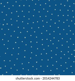 Ditsy love heart vector seamless background pattern in boho style. Blue monochrome flower hearts dense backdrop. Simple folk art floral hearts scattered repeat. For cottage decor, baby shower