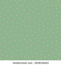 Ditsy love heart vector seamless background pattern in boho style. Sage green monochrome flower hearts dense backdrop. Simple folk art floral hearts scattered repeat. For cottage decor, baby shower