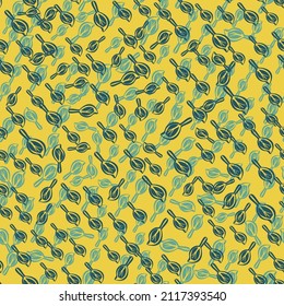 Ditsy modern abstract faux mono print scattered leaves background. Seamless vector pattern Simple imitation lino cut effect yellow green blend texture backdrop. Botanical repeat for summer