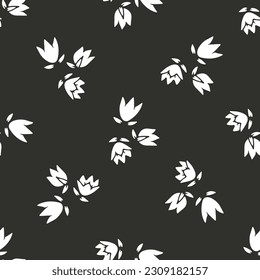 Ditsy-einfarbiges Muster mit weißen Blumen auf schwarzem Hintergrund. Retro florales Wiederholmuster.