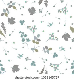 Ditsy natural pattern in grey and green tones. Leaves of viburnum, dandelion, rose, clover, branches and bud of spirea, bell flowers isolated on white background in vector. Print for fabric, paper.