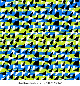 Ditsy pattern with short hand drawn strokes, wide wild horizontal brush strokes and small triangles in multiple bright colors: white, blue, lime green and black