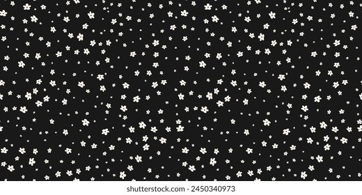 Ditsy pattern. Simple black and white vector seamless ornament with small flowers. Stylish abstract floral background. Minimal dark monochrome texture. Repeat design for decor, textile, fabric, print