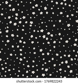 Ditsy pattern. Simple vector black and white seamless texture with small flowers. Elegant abstract floral background. Dark minimal repeat design for decoration, textile, wallpapers, print, wrapping