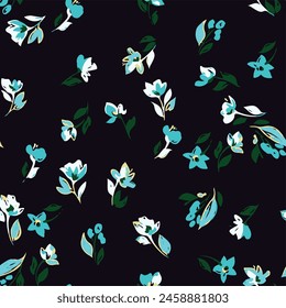 Patrón Ditsy. Textura simple de Vector blanco y negro sin costuras con flores Pequeñas. Fondo floral abstracto elegante. Diseño de repetición mínima para decoración, textil, Fondos de pantalla, estampado de azulejos, tela