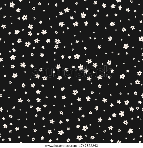Ditsy pattern. Simple vector black and white seamless texture with small flowers. Elegant abstract floral background. Dark minimal repeat design for decoration, textile, wallpapers, print, wrapping