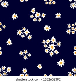 Ditsy Pattern with Small Shamomiles. Seamless vector pattern with wildflowers. Summer textile collection. On dark background.