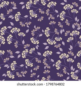 Patrón de Ditsy. Textura vectorial sin costura. Fondo abstracto con flores amarillas simples, hojas sobre fondo morado. Papel de pared al estilo de la libertad. Elegante diseño reiterado de decoración, tela 