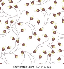 Ditsy pattern. Vector floral seamless texture. Abstract background with simple small brown and green flowers on twigs. Liberty style wallpapers on white backdrop. Elegant repeat design for decoration,