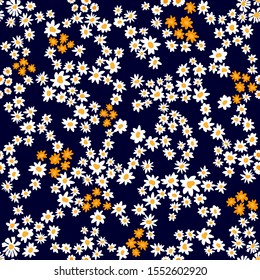 Ditsy Pattern with White and Yellow Shamomiles. Seamless vector pattern with wildflowers. Summer textile collection. On dark background.