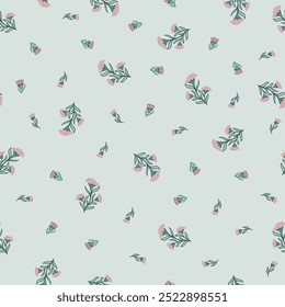 Ditsy Pink Flowers Scattered on a Soft Teal Background creating a seamless pattern print background