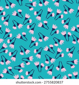 Ditsy pink flowers seamless pattern on turquoise background