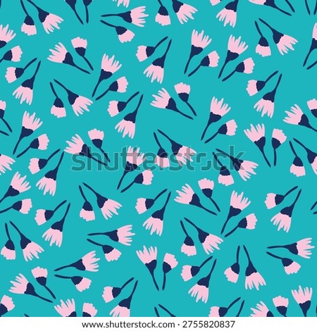 Ditsy pink flowers seamless pattern on turquoise background