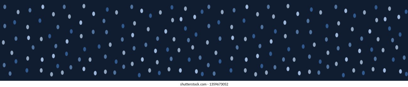 Ditsy polka dots seamless vector border pattern. Random indigo blue circles illustration for masculine fashion edging, monochrome textile ribbon trim japanese style. Trendy dye bandana edging bands.
