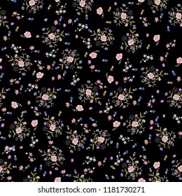 Ditsy print. Small bouquets seamless pattern. Black background
