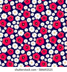 Ditsy print. Vector seamless pattern with flower field. Daisy and poppy allover pattern. 