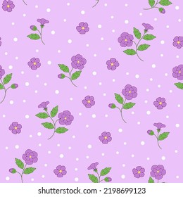 ditsy purple flower seamless pattern. floral print with polka dots. good for fashion, fabric, dress, wallpaper, background.