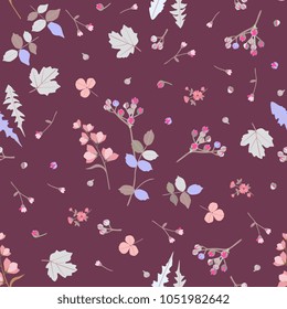 Ditsy seamless botanical pattern with colorful stylized leaves, little buds and  flowers isolated on brown background in vector. Wrapping design, print for fabric, paper, wallpaper.