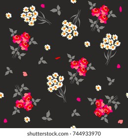 Ditsy seamless floral pattern with bouquets of red roses and white daisies on black background. Beautiful vector illustration. Design elements.