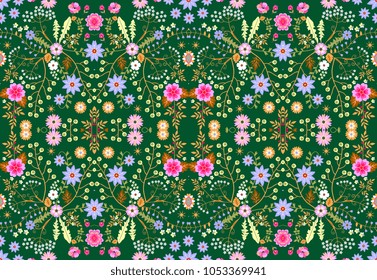 Ditsy seamless floral pattern with fantasy little flowers and leaves in folk style. Fabric for fun bedspreads.  Vector illustration.