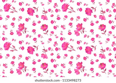 Ditsy seamless floral pattern with small and tiny bright pink rose flowers isolated on white background in vector. Summer print for fabric.